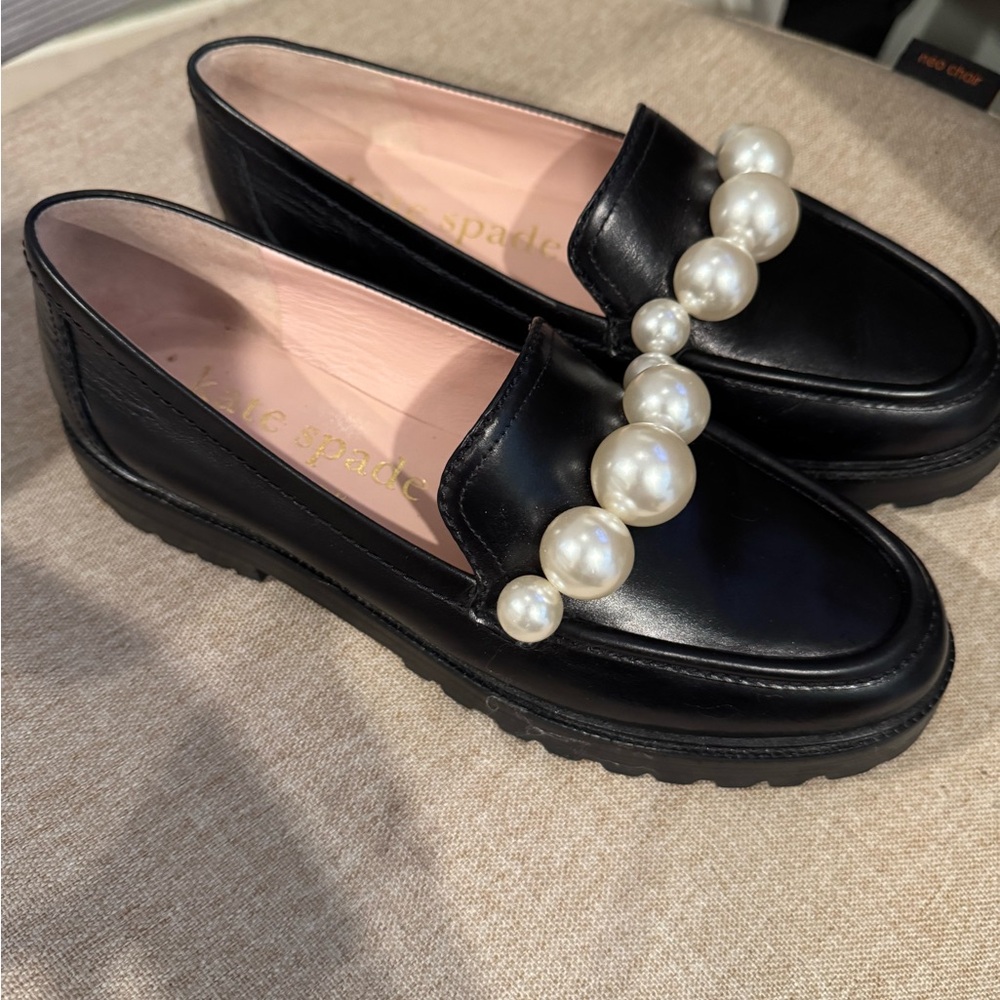 Kate Spade Black Leather Loafers with Pearl Accents